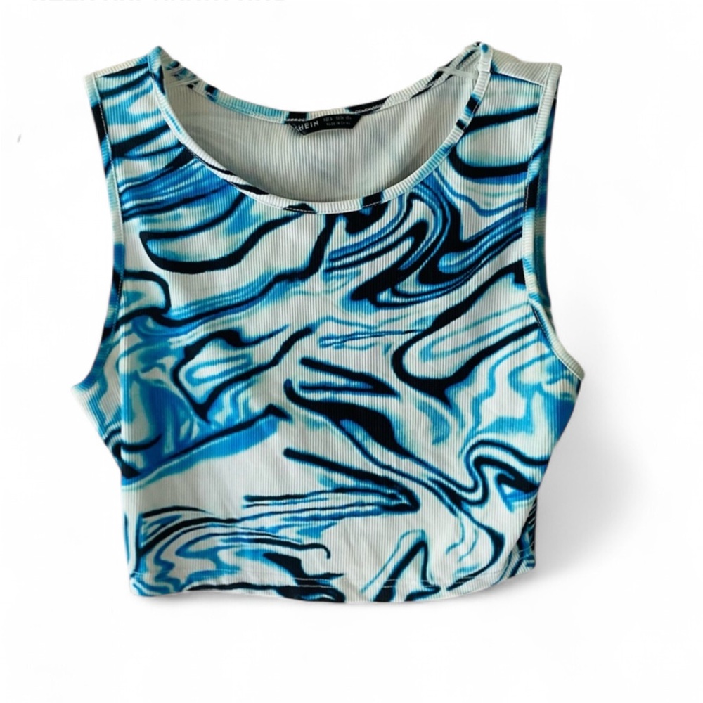 SHEIN SLEEVELESS  90S MARBLE Y2K PRINT STRETCH CROP TOP BLUE WHITE SIZE SMALL